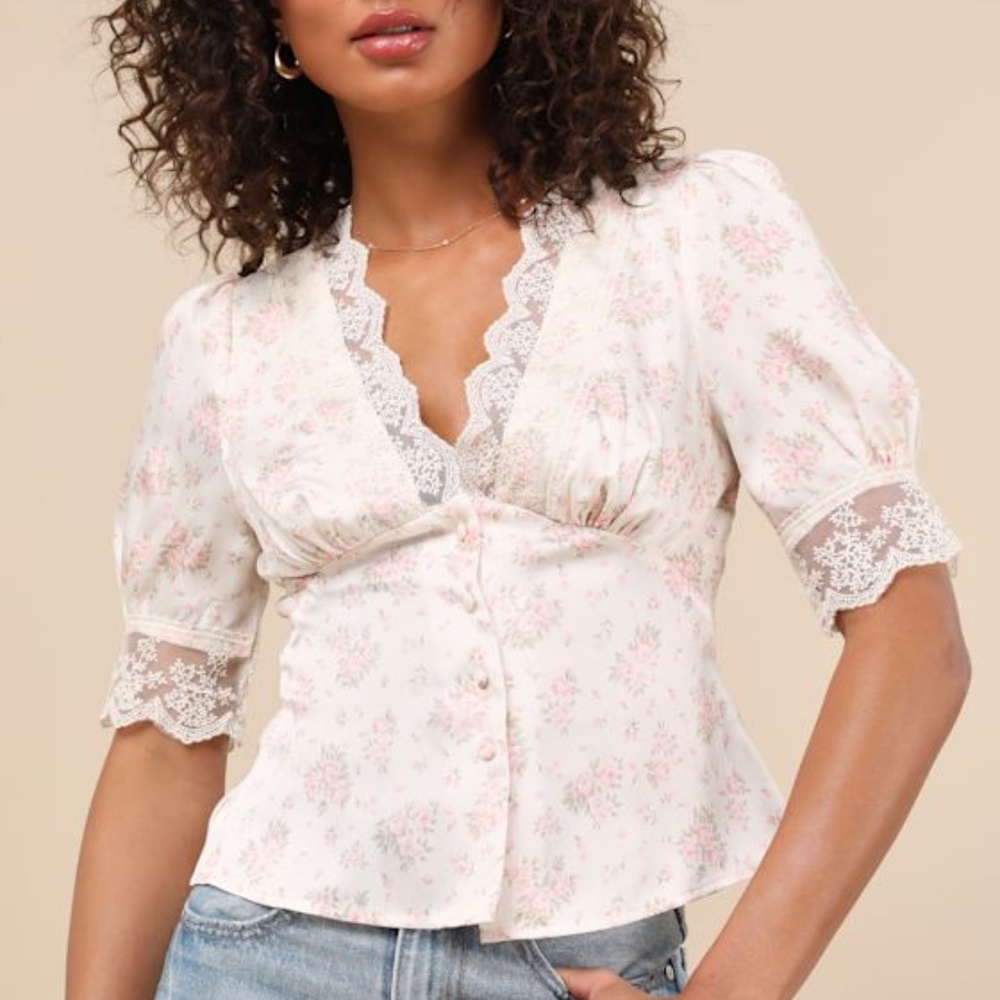 Lulus Maryse Cream And Pink Ditsy Floral Satin Lace Top White - Size M